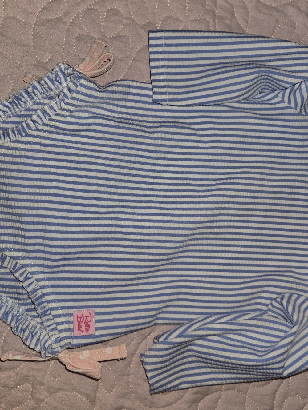 Ruffle Butts Blue and White Striped Girls' Shorts with Pink Tie, 6-12m